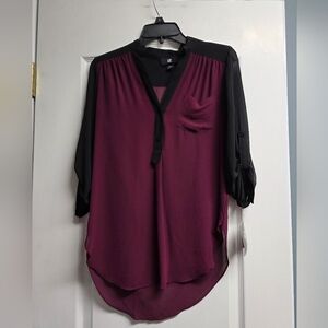 Iz Byer Burgundy and Black Relaxed Buttoned Blouse